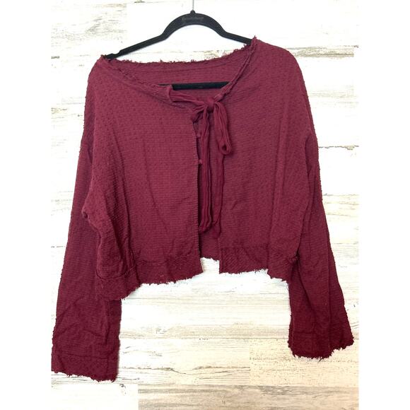 Free People Women’s XS Burgundy Boho Long Sleeve Open Back Button Crop Top - Picture 2 of 5